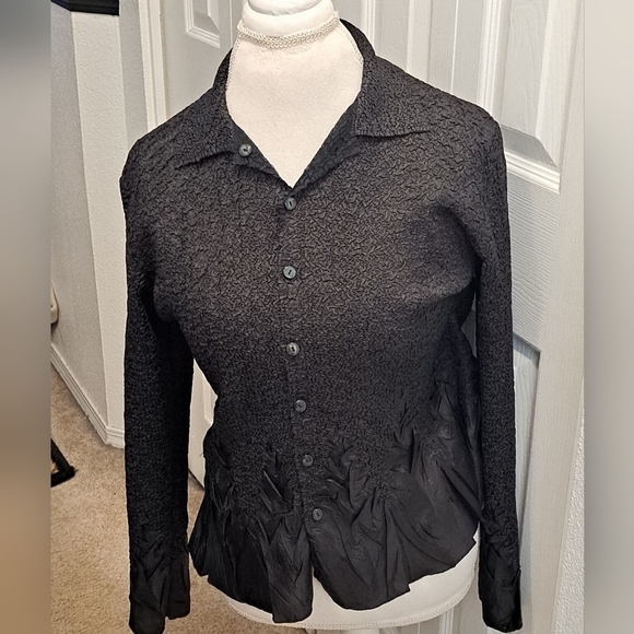 Black Crepe Mixed Media Button Up Blouse - Picture 1 of 7